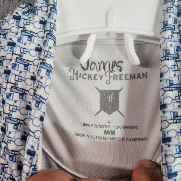 Hickey Freeman Polo Shirt Men Medium Geometric Wine Glass Cocktail White Blue - Picture 5 of 12